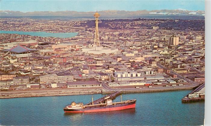 Seattle Washington USA The Space Needle dominates this spectacular aerial view o