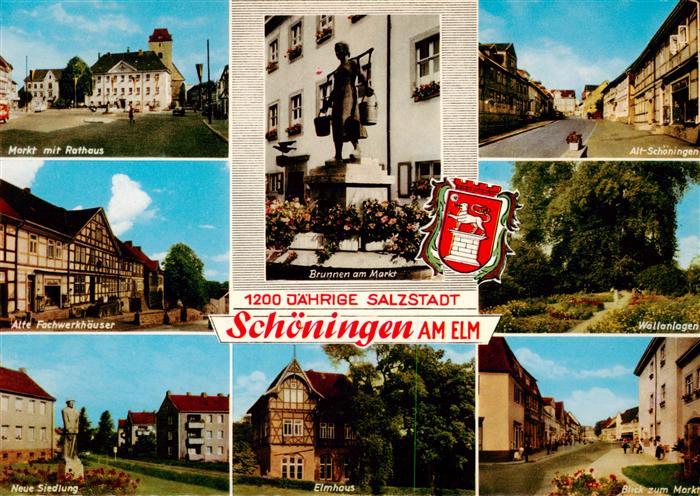 Schoeningen Markt mit Rathaus Alte Fachwerkhaeuser Neue Siedlung Brunnen am Mark