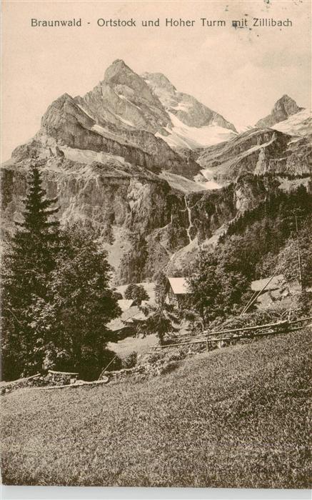 Braunwald GL Ortstock und Hoher Turm mit Zillibach