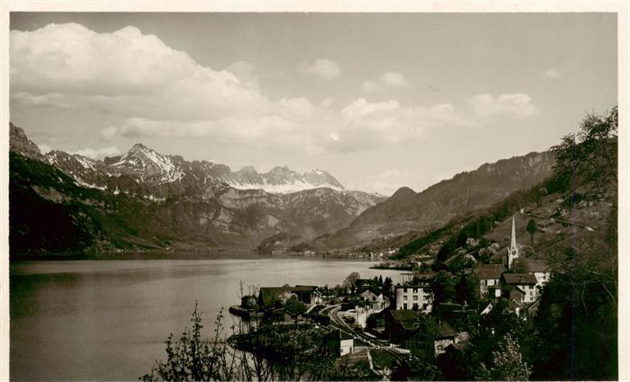 Muehlehorn Walensee GL Ansicht mit Kirche Alpenpanorama