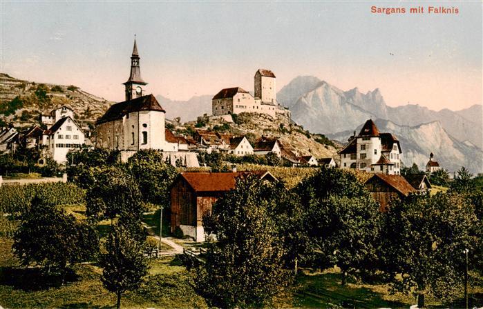 Sargans SG Ansicht mit Kirche Burg Blick gegen Falknis Stempel Pferde-Depot 14