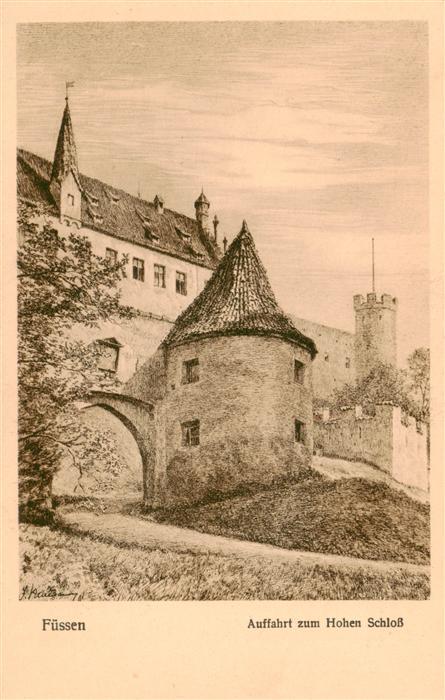 Fuessen Allgaeu Auffahrt zum Hohen Schloss Radierung