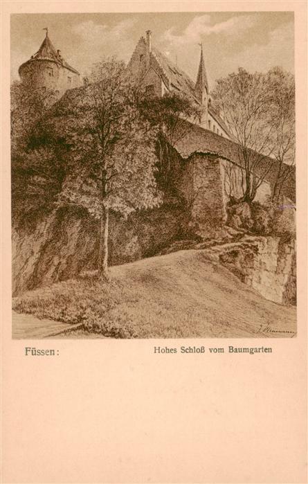 Fuessen Allgaeu Hohes Schloss vom Baumgarten Radierung
