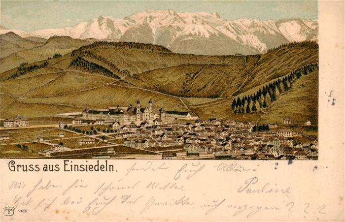 Einsiedeln  SZ Gesamtansicht mit Alpenpanorama Litho