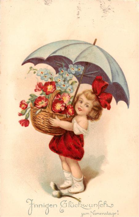 Namenstag Namenskarte Jnnigen L&B Nr. 16815 Kind Blumenkorb Regenschirm Litho