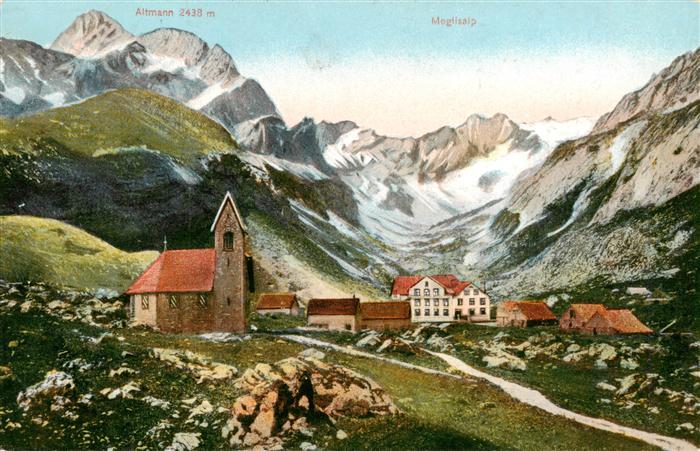 Meglisalp 1520m Altmann AR Panorama mit Kirche und Altmann