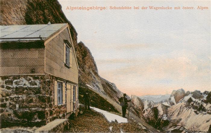 Alpstein GR Schutzhuette bei der Wagenlucke mit oesterr Alpen