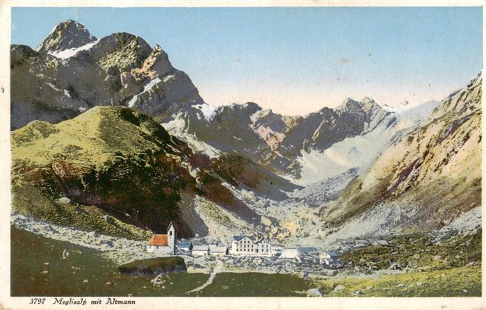 Meglisalp 1520m Altmann AR Panorama mit Kirche und Altmann