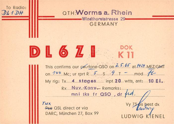 Worms Rhein Funkerkarte Ludwig Kienel