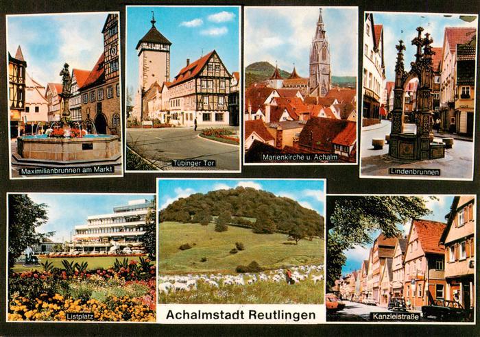 Reutlingen BW Maximilianbrunnen Tuebinger Tor Marienkirche und Achalm Lindenbrun