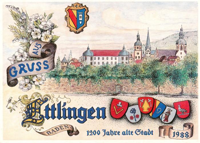 Ettlingen 1200 Jahre alte Stadt Schloss Wappen Blumen Kuenstlerkarte Sonderdruck