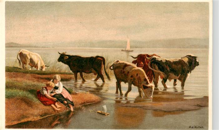 Koller Rudolf Kuenstlerkarte Vieh am See