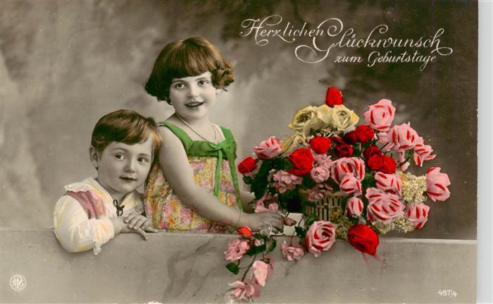 Foto NPG Nr. Nr. 487/4 Glueckwunsch zum Geburtstag Kinder Blumen