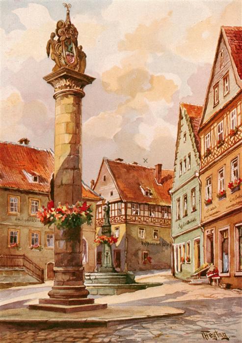 Kronach Oberfranken Melchior-Otto-Platz mit Lucas-Cranach-Haus und Ehrensaeule A