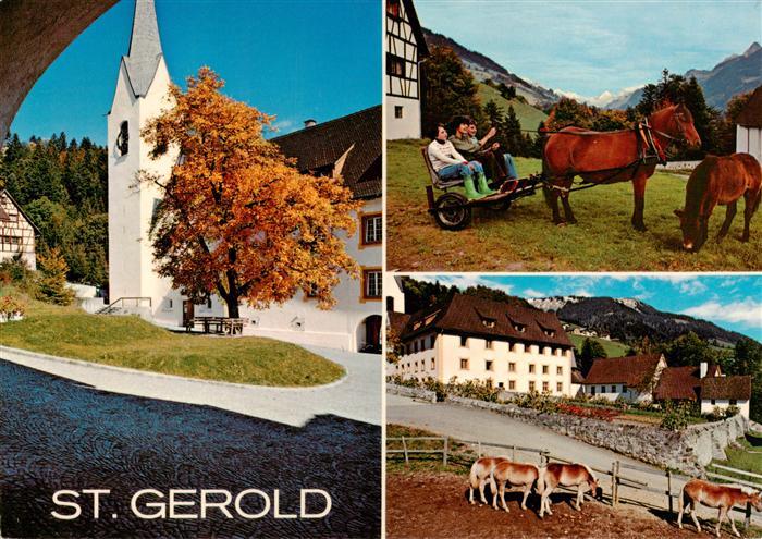 St Gerold Vorarlberg AT Pension und Klosterkeller Pferdewagen Koppel Kirche Herb