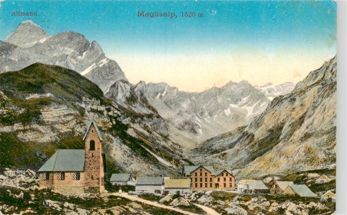 Meglisalp 1520m Altmann AR Panorama mit Kirche und Altmann