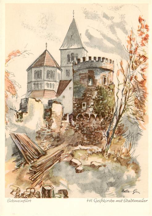 Schweinfurt Main Hl Geistkirche mit Stadtmauer Kuenstlerkarte