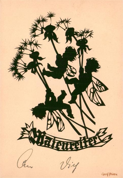 Scherenschnitt-AK Schattenbildkarte Shadowbolt Fee
