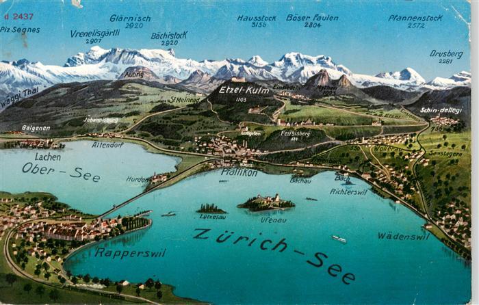 Zuerichsee ZH Panoramakarte mit Ober See und Rapperswil