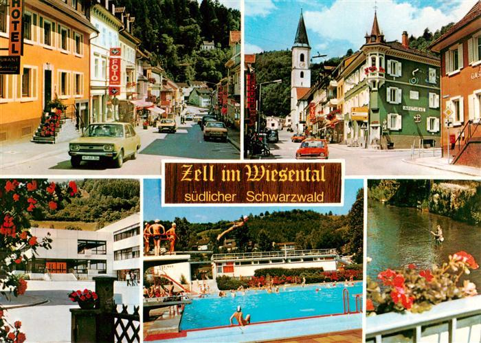 Zell Wiesental Ortspartie Kirche Strasse Schwimmbad Seepartie