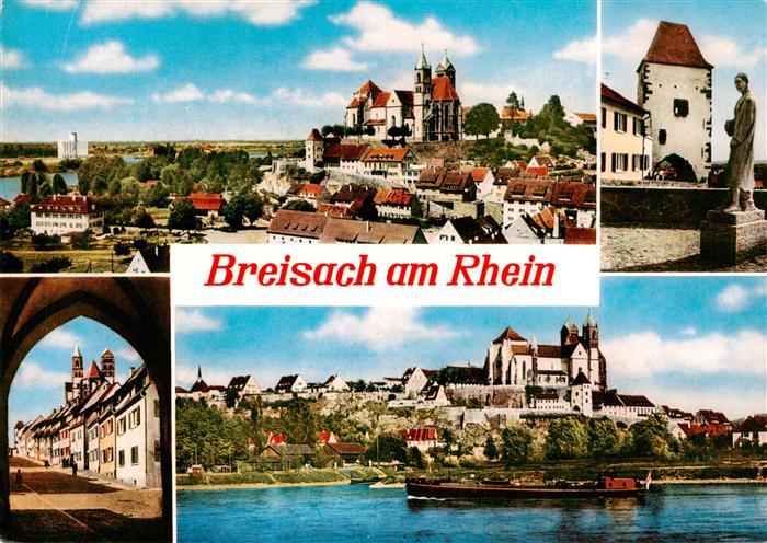 Breisach Rhein Stadtpanorama mit St. Stephansmuenster Frachtkahn Denkmal Statue