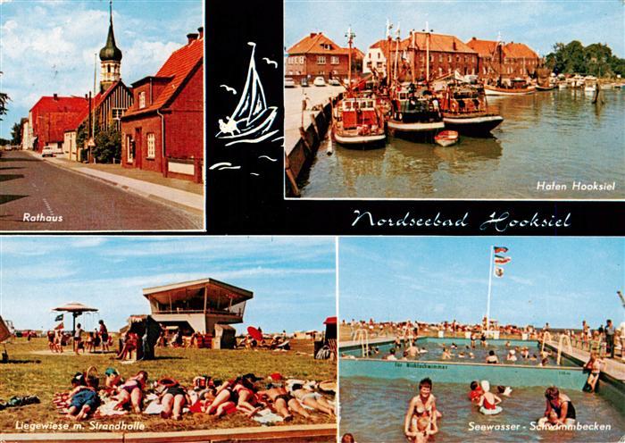 Hooksiel Nordseebad Rathaus Hafen Liegewiese mit Strandhalle Seewasser Schwimmba