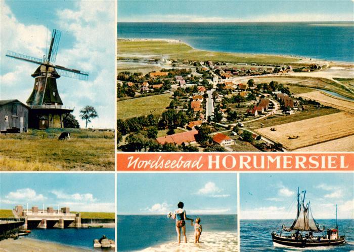 Horumersiel Wangerland Muehle Fliegeraufnahme Bruecke Strand Krabbenkutter