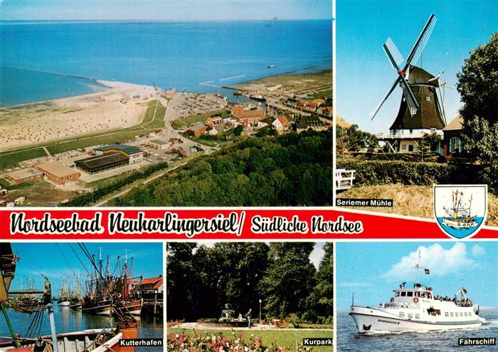 Neuharlingersiel Fliegeraufnahme Kutterhafen Kurpark Seriemer Muehle Faehrschiff