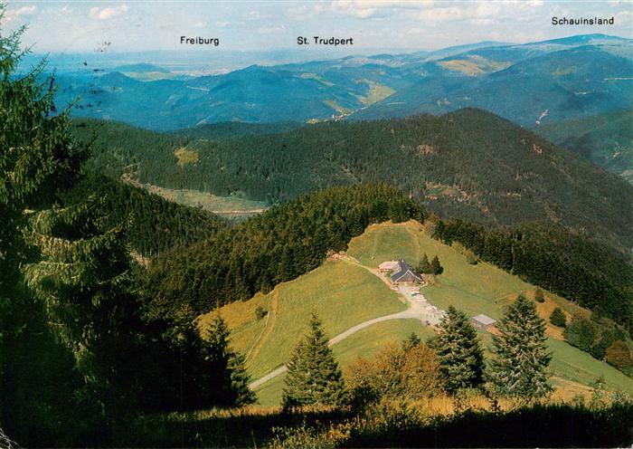 Untermuenstertal Almgaststaette Kaelbelescheuer mit Schauinsland und Belchenblic