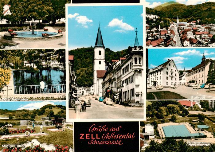 Zell Wiesental Stadtpark Schwanenteich Minigolfplatz Kirche Teilansicht Rathaus
