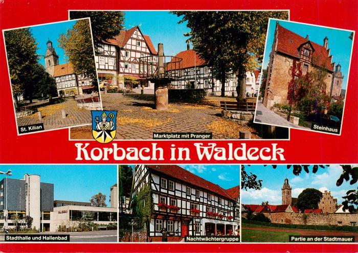 Korbach Kirche Marktplatz mit Pranger Steinhaus Stadthalle Hallenbad Nachtwaecht