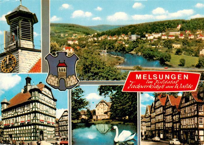 Melsungen Fulda Panorama Luftkurort Altstadt Fachwerkhaeuser Teich Schwan