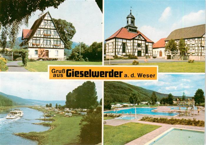 Gieselwerder Fachwerkhaeuser Weserpartie Schwimmbad