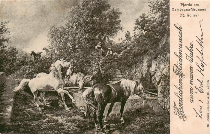 Koller Rudolf Kuenstlerkarte Pferde am Campagna-Brunnen