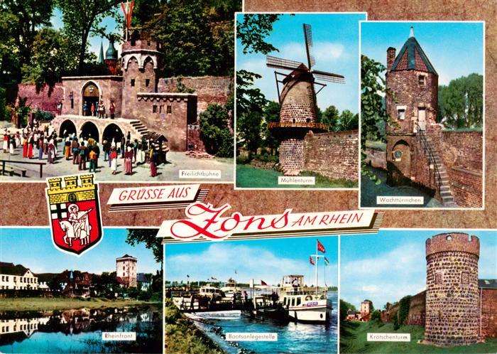 Zons Rhein Freilichtbuehne Muehlenturm Wachttuermchen Rhein Bootsanlegestelle Kr