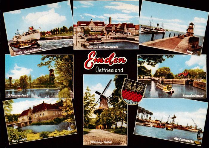 Emden Ostfriesland Grosse Seeschleuse Delft mit Rathausplatz Mole Schwanenteich