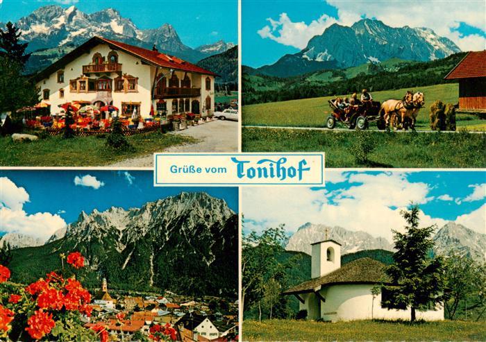 Kruen Garmisch-Partenkirchen Hotel Tonihof Pferdewagen Kapelle Stadtpanorama Alp