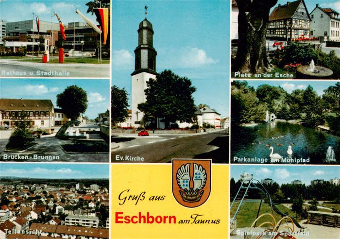 Eschborn Rathaus Stadthalle Platz an der Esche Brueckenbrunnen Kirche Park Schwa