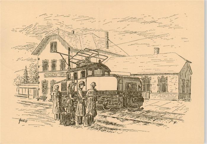 Ettlingen Ettlinger Baehnle Kuenstlerkarte Sonderstempel 100 Jahre Bahnhof