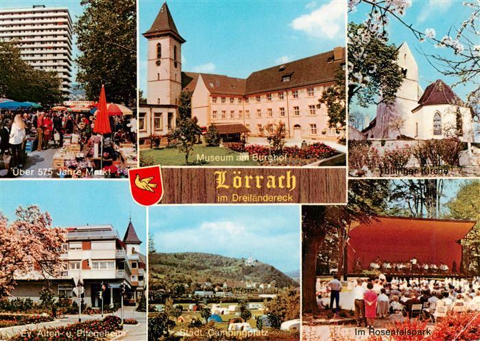 LoeRRACH Baden BW Markt Museum am Burghof Kirche Ev Alten und Pflegeheim Camping