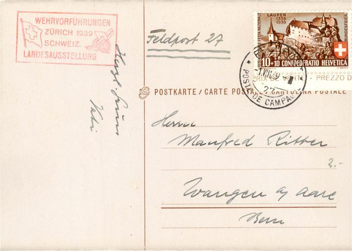 Landesausstellung Zuerich 1939 Wehrvorfuehrung Feldpost