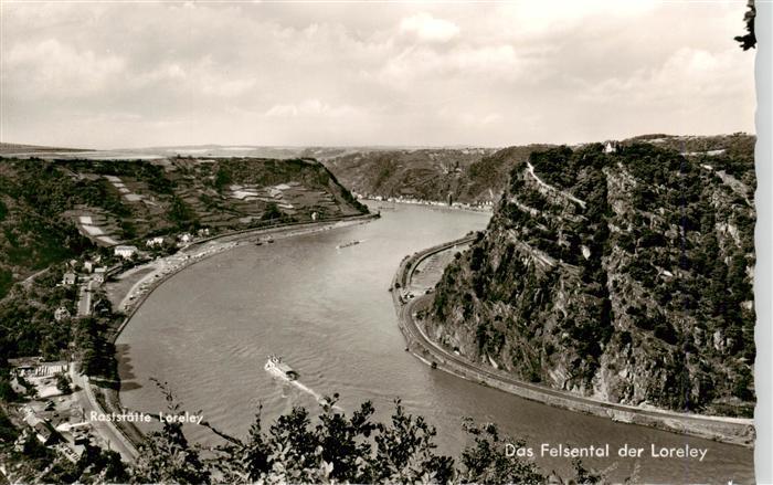 Loreley Lorelei Rheinpartie mit Raststaette Loreley Felsental