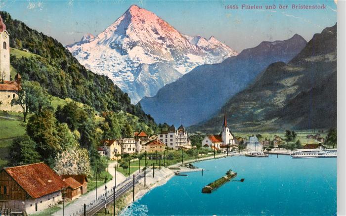 Flueelen UR Panorama Vierwaldstaettersee Blick gegen Bristenstock Glarner Alpen