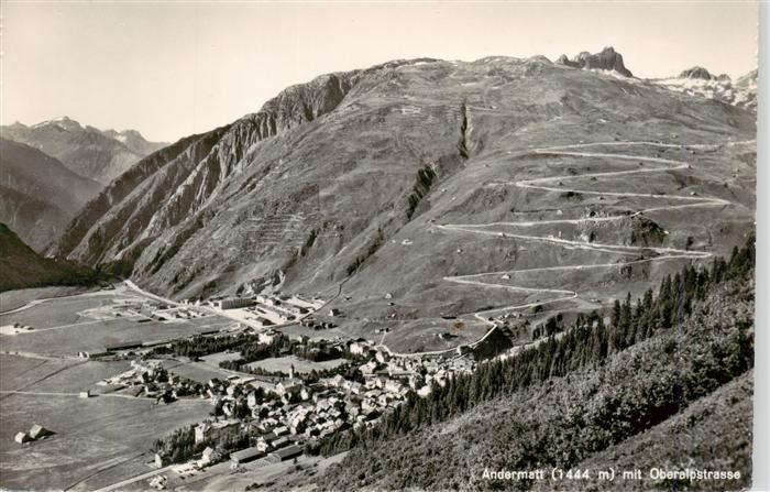 Andermatt UR Panorama mit Oberalpstrasse Serpentinen