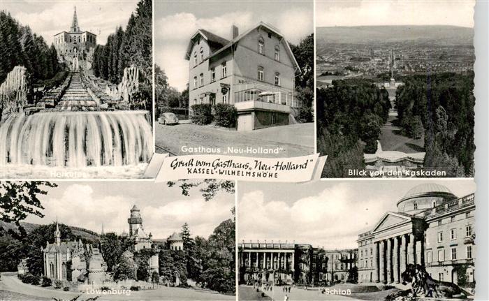 Wilhelmshoehe Kassel Wasserfall Gasthof Neu Holland Blick von den Kaskaden Loewe