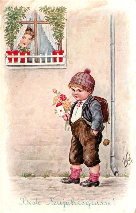 Neujahr Annee New Year Kind Brief Bluemen