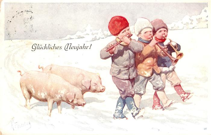 Neujahr Annee New Year Kinder Floete Schweine