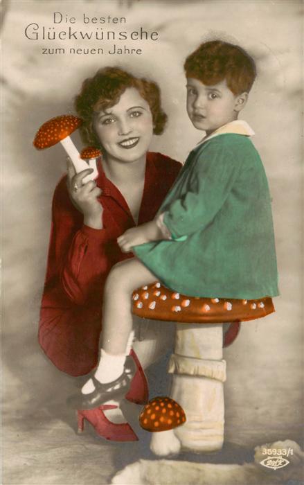 Glueckwunsch Greeting Neu Jahr Foto Frau Kind Pilz