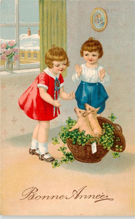 Neujahr Annee New Year Kinder Scvhweine Korb