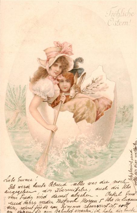 Ostern Easter Paques Pasqua Frau Kind Hase Litho